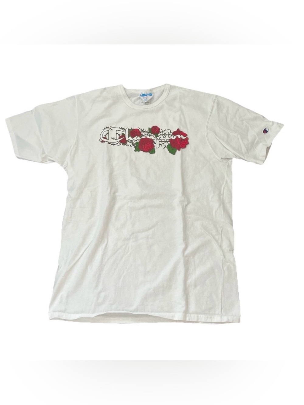 Champion Thorn Rose Graphic T Shirt Mens Size Large White Red Tee Y2K Vintage